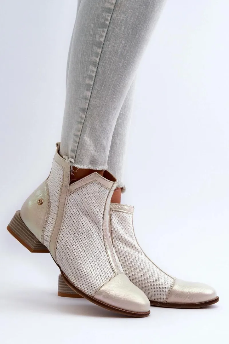 Outlet Skórzane Botki Damskie Na Niskim Obcasie 06397-22 Jasnobeżowe Damskie Botki Wiosenne|Botki Maciejka