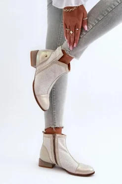 Outlet Skórzane Botki Damskie Na Niskim Obcasie 06397-22 Jasnobeżowe Damskie Botki Wiosenne|Botki Maciejka