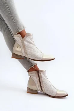 Outlet Skórzane Botki Damskie Na Niskim Obcasie 06397-22 Jasnobeżowe Damskie Botki Wiosenne|Botki Maciejka