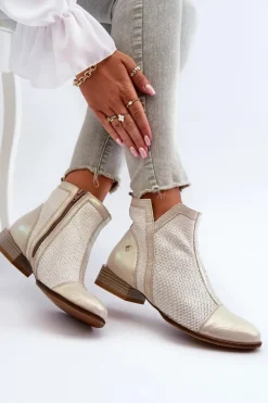 Outlet Skórzane Botki Damskie Na Niskim Obcasie 06397-22 Jasnobeżowe Damskie Botki Wiosenne|Botki Maciejka