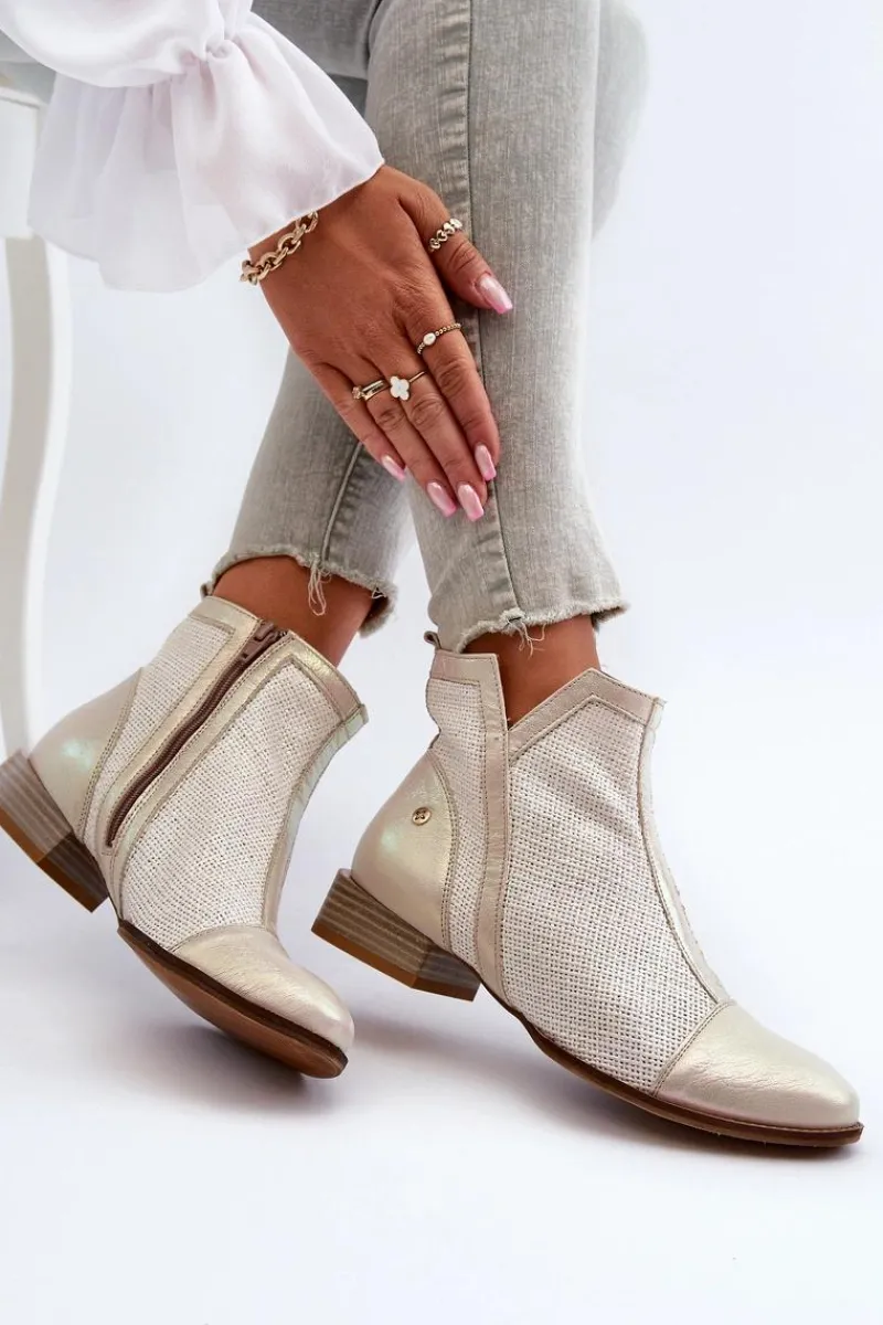 Outlet Skórzane Botki Damskie Na Niskim Obcasie 06397-22 Jasnobeżowe Damskie Botki Wiosenne|Botki Maciejka