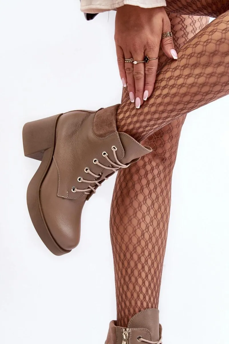 Botki Skórzane|Botki Sznurowane>Boto Skórzane Botki Damskie Na Słupku Ciemnobeżowe Lemar Leocera