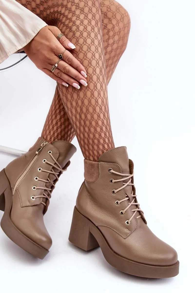 Botki Skórzane|Botki Sznurowane>Boto Skórzane Botki Damskie Na Słupku Ciemnobeżowe Lemar Leocera