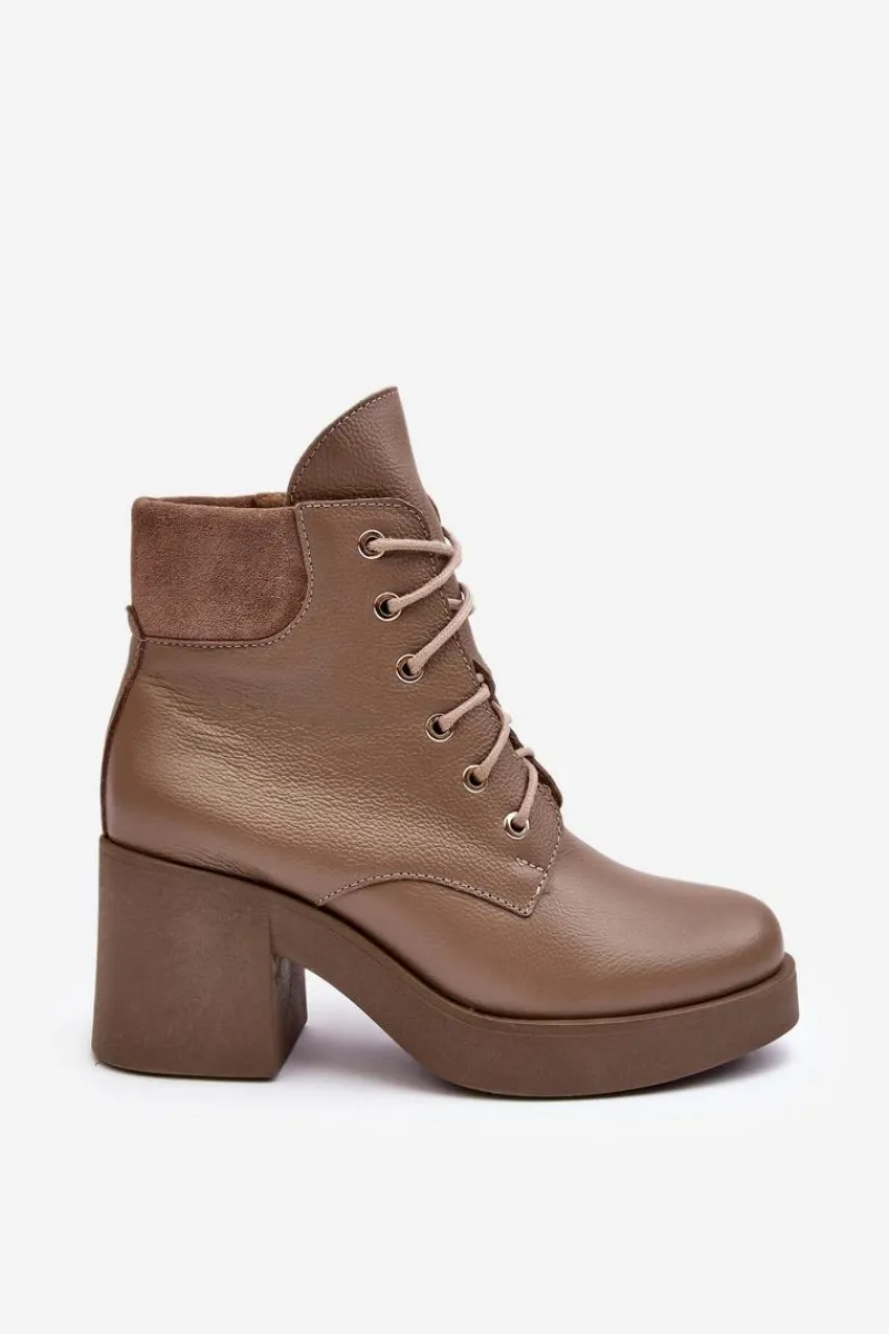 Botki Skórzane|Botki Sznurowane>Boto Skórzane Botki Damskie Na Słupku Ciemnobeżowe Lemar Leocera