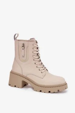 Best Buty damskie Vinceza Skórzane Botki Damskie Na Klocku Ocieplane Vinceza 86418 Beżowe Beżowy