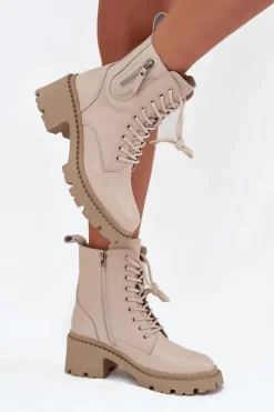 Best Buty damskie Vinceza Skórzane Botki Damskie Na Klocku Ocieplane Vinceza 86418 Beżowe Beżowy