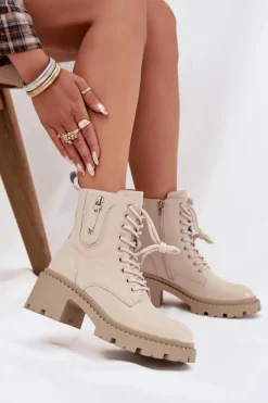 Best Buty damskie Vinceza Skórzane Botki Damskie Na Klocku Ocieplane Vinceza 86418 Beżowe Beżowy