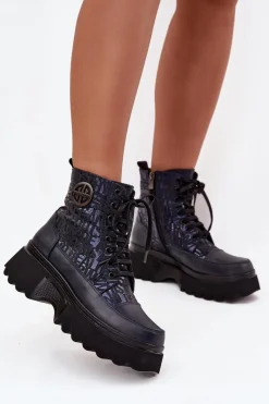 Botki Ocieplane|Botki Sznurowane>Artiker Skórzane Botki Damskie Na Platformie Z Napisami I Ozdobnym Detalem 57C2271 Granatowe Niebieski