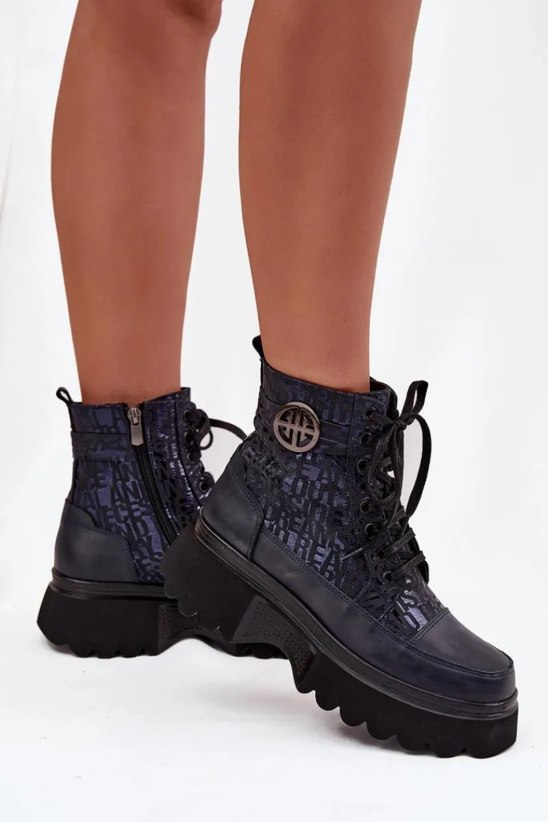 Botki Ocieplane|Botki Sznurowane>Artiker Skórzane Botki Damskie Na Platformie Z Napisami I Ozdobnym Detalem 57C2271 Granatowe Niebieski