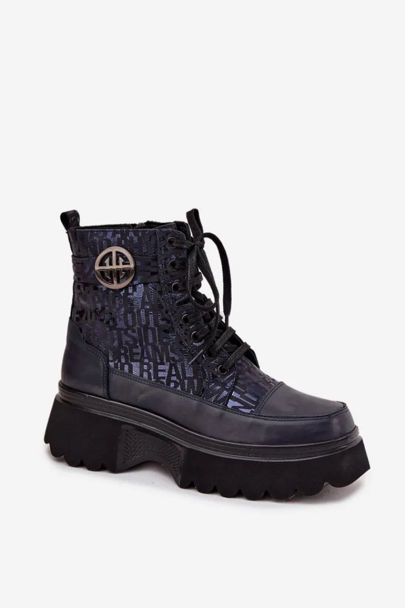 Botki Ocieplane|Botki Sznurowane>Artiker Skórzane Botki Damskie Na Platformie Z Napisami I Ozdobnym Detalem 57C2271 Granatowe Niebieski