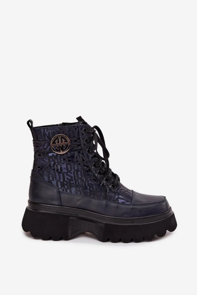 Botki Ocieplane|Botki Sznurowane>Artiker Skórzane Botki Damskie Na Platformie Z Napisami I Ozdobnym Detalem 57C2271 Granatowe Niebieski