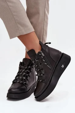 New Skórzane Botki Damskie Na Platformie Ocieplane 55C0809 Czarne Damskie Botki Ocieplane|Botki Sznurowane