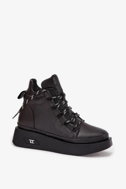 New Skórzane Botki Damskie Na Platformie Ocieplane 55C0809 Czarne Damskie Botki Ocieplane|Botki Sznurowane