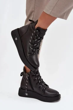 New Skórzane Botki Damskie Na Platformie Ocieplane 55C0809 Czarne Damskie Botki Ocieplane|Botki Sznurowane