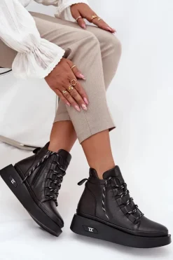 New Skórzane Botki Damskie Na Platformie Ocieplane 55C0809 Czarne Damskie Botki Ocieplane|Botki Sznurowane