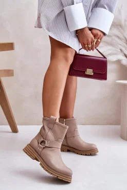 New Boto Skórzane Botki Damskie Na Płaskim Obcasie Lewski 3610 Beżowe Beżowy