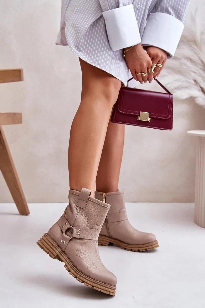 New Boto Skórzane Botki Damskie Na Płaskim Obcasie Lewski 3610 Beżowe Beżowy