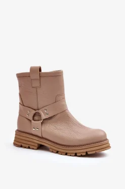 New Boto Skórzane Botki Damskie Na Płaskim Obcasie Lewski 3610 Beżowe Beżowy