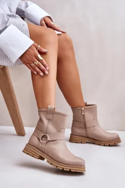 New Boto Skórzane Botki Damskie Na Płaskim Obcasie Lewski 3610 Beżowe Beżowy