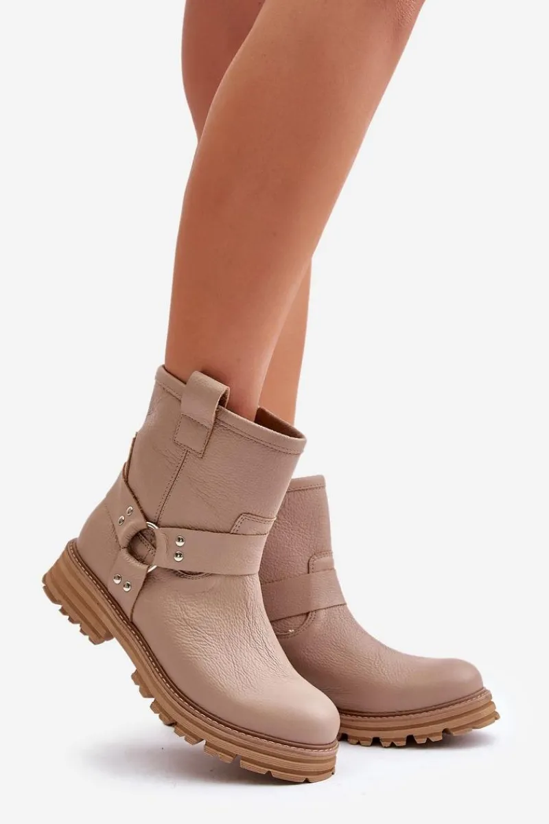 New Boto Skórzane Botki Damskie Na Płaskim Obcasie Lewski 3610 Beżowe Beżowy