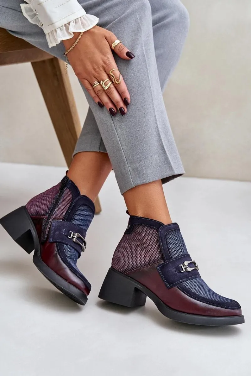 Botki Maciejka|Botki Skórzane>Maciejka Skórzane Botki Damskie Na Masywnym Obcasie Z Ozdobą 06747-23 Bordowo-Granatowe