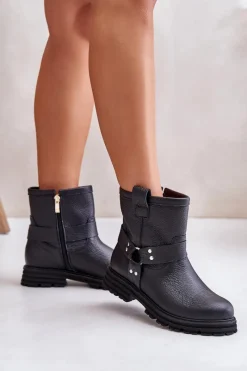 Outlet Boto Skórzane Botki Damskie Na Płaskim Obcasie Lewski 3610 Czarne Czarny