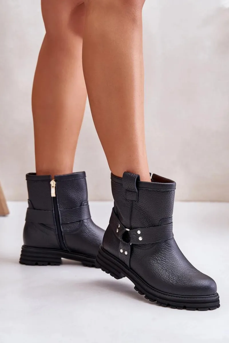 Outlet Boto Skórzane Botki Damskie Na Płaskim Obcasie Lewski 3610 Czarne Czarny