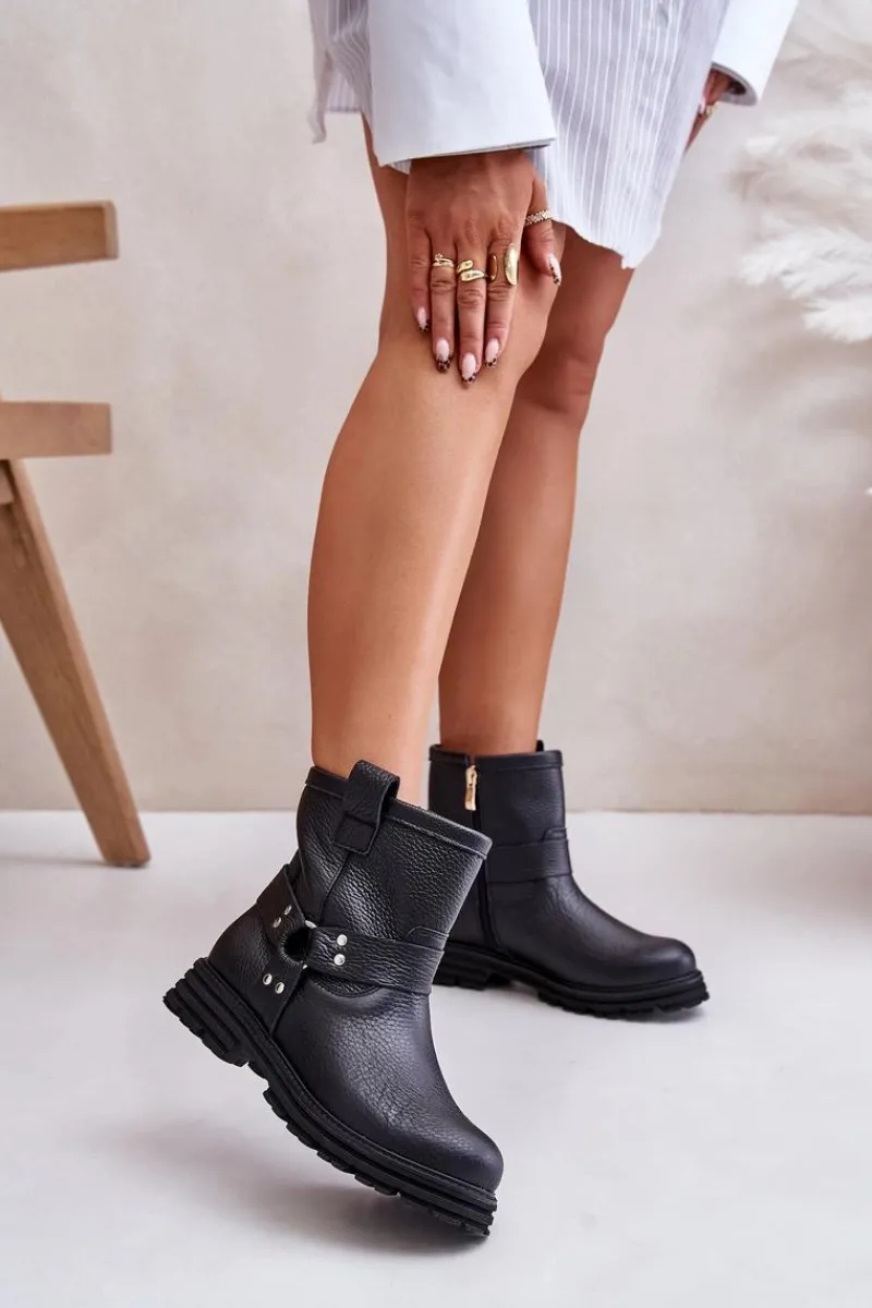 Outlet Boto Skórzane Botki Damskie Na Płaskim Obcasie Lewski 3610 Czarne Czarny