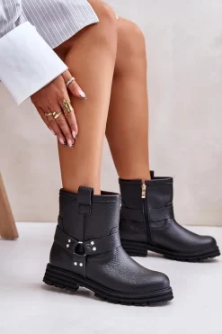 Outlet Boto Skórzane Botki Damskie Na Płaskim Obcasie Lewski 3610 Czarne Czarny