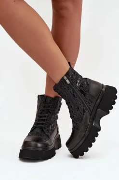 Sale Skórzane Botki Damskie Na Platformie Z Napisami I Ozdobnym Detalem 57C2273 Czarne Damskie Botki Ocieplane|Botki Sznurowane