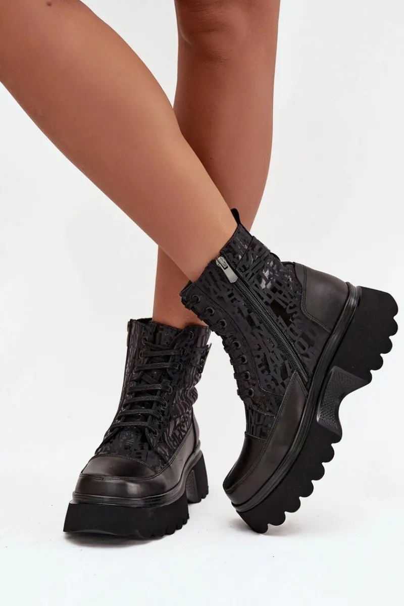 Sale Skórzane Botki Damskie Na Platformie Z Napisami I Ozdobnym Detalem 57C2273 Czarne Damskie Botki Ocieplane|Botki Sznurowane