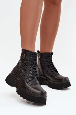 Sale Skórzane Botki Damskie Na Platformie Z Napisami I Ozdobnym Detalem 57C2273 Czarne Damskie Botki Ocieplane|Botki Sznurowane