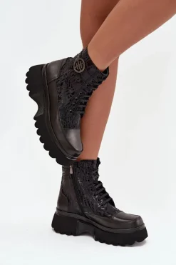 Sale Skórzane Botki Damskie Na Platformie Z Napisami I Ozdobnym Detalem 57C2273 Czarne Damskie Botki Ocieplane|Botki Sznurowane