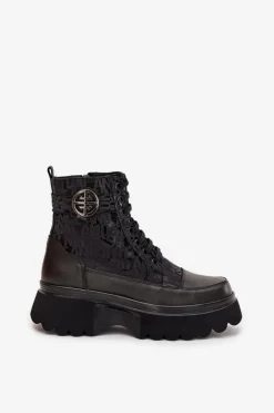 Sale Skórzane Botki Damskie Na Platformie Z Napisami I Ozdobnym Detalem 57C2273 Czarne Damskie Botki Ocieplane|Botki Sznurowane