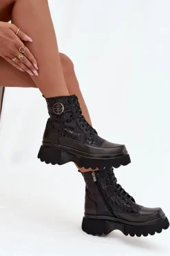 Sale Skórzane Botki Damskie Na Platformie Z Napisami I Ozdobnym Detalem 57C2273 Czarne Damskie Botki Ocieplane|Botki Sznurowane