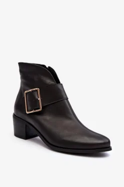 New Skórzane Botki Damskie Na Niskim Słupku Z Klamrą Czarne Liliane Damskie Botki Wiosenne|Botki Ocieplane