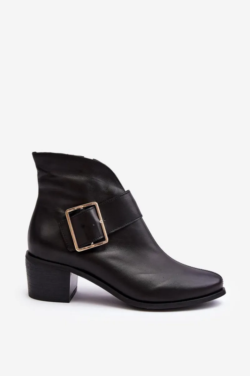 New Skórzane Botki Damskie Na Niskim Słupku Z Klamrą Czarne Liliane Damskie Botki Wiosenne|Botki Ocieplane