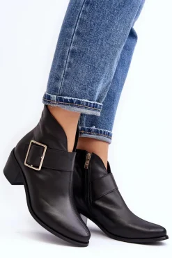 New Skórzane Botki Damskie Na Niskim Słupku Z Klamrą Czarne Liliane Damskie Botki Wiosenne|Botki Ocieplane