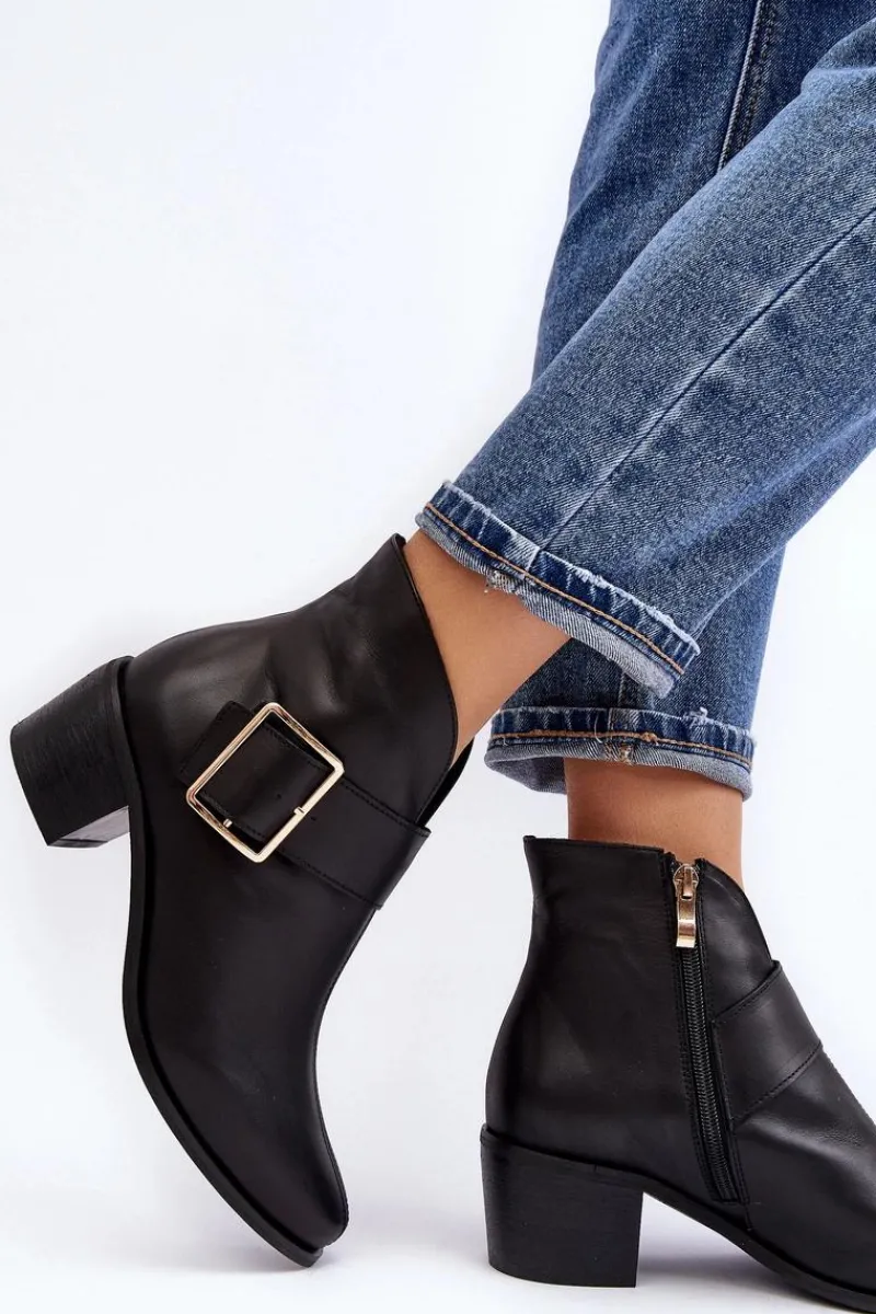 New Skórzane Botki Damskie Na Niskim Słupku Z Klamrą Czarne Liliane Damskie Botki Wiosenne|Botki Ocieplane