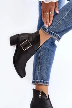 New Skórzane Botki Damskie Na Niskim Słupku Z Klamrą Czarne Liliane Damskie Botki Wiosenne|Botki Ocieplane
