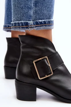 New Skórzane Botki Damskie Na Niskim Słupku Z Klamrą Czarne Liliane Damskie Botki Wiosenne|Botki Ocieplane