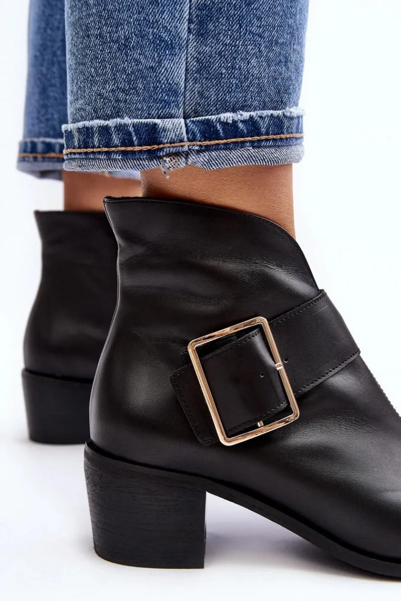 New Skórzane Botki Damskie Na Niskim Słupku Z Klamrą Czarne Liliane Damskie Botki Wiosenne|Botki Ocieplane