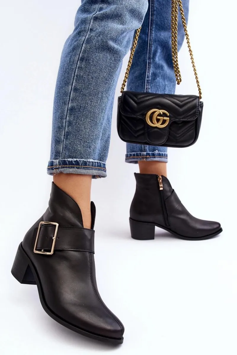 New Skórzane Botki Damskie Na Niskim Słupku Z Klamrą Czarne Liliane Damskie Botki Wiosenne|Botki Ocieplane