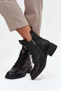 Sale Skórzane Botki Damskie Na Niskim Obcasie Vinceza 66818 Czarne Damskie Botki Ocieplane|Botki Sznurowane