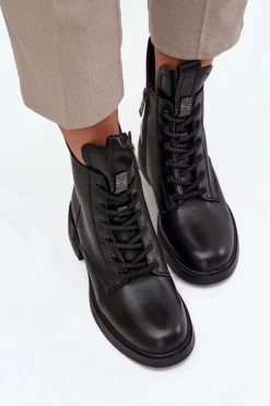 Sale Skórzane Botki Damskie Na Niskim Obcasie Vinceza 66818 Czarne Damskie Botki Ocieplane|Botki Sznurowane