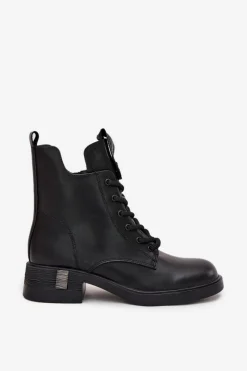 Sale Skórzane Botki Damskie Na Niskim Obcasie Vinceza 66818 Czarne Damskie Botki Ocieplane|Botki Sznurowane