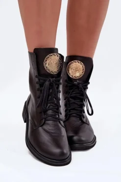 Clearance Zazoo Skórzane Botki Damskie Na Płaskim Obcasie Ze Złotym Detalem 3084 Czarne Czarny