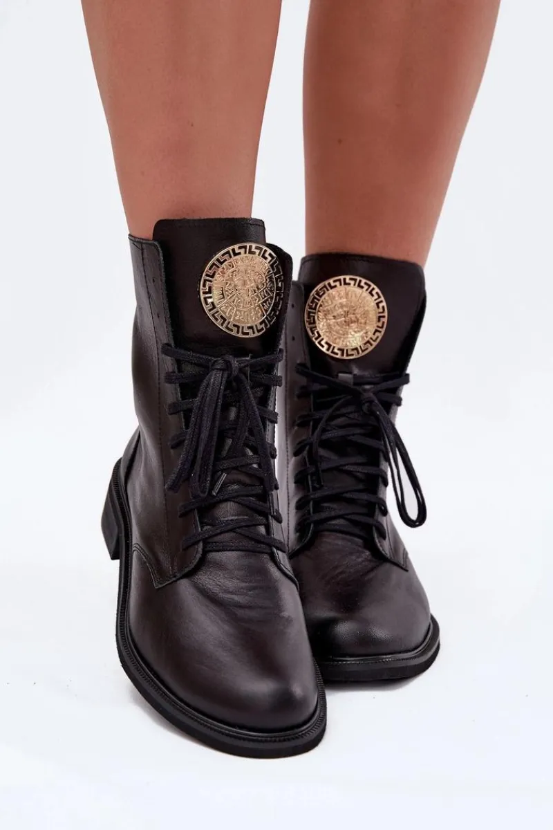 Clearance Zazoo Skórzane Botki Damskie Na Płaskim Obcasie Ze Złotym Detalem 3084 Czarne Czarny