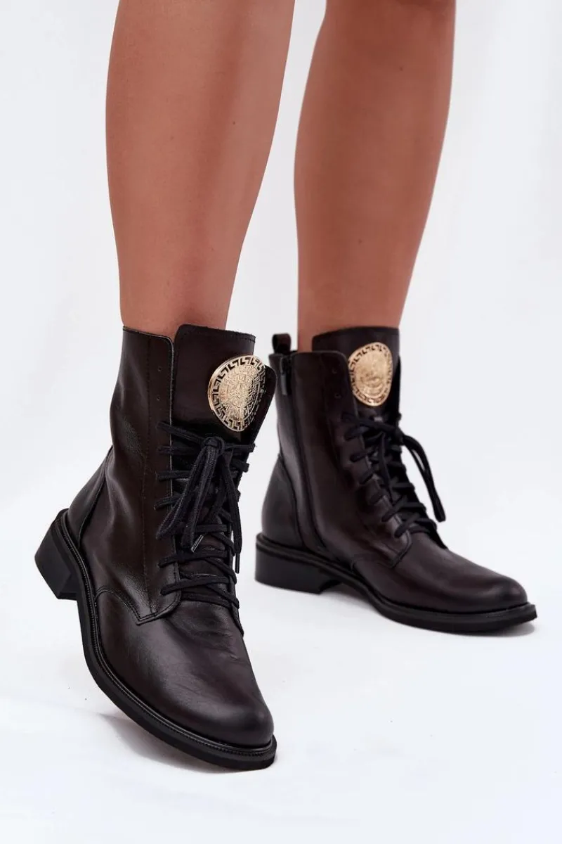 Clearance Zazoo Skórzane Botki Damskie Na Płaskim Obcasie Ze Złotym Detalem 3084 Czarne Czarny