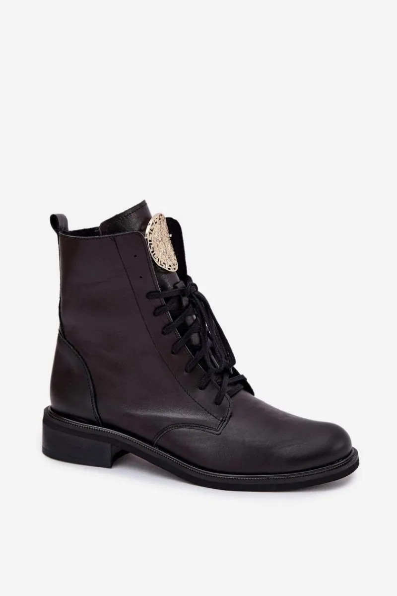 Clearance Zazoo Skórzane Botki Damskie Na Płaskim Obcasie Ze Złotym Detalem 3084 Czarne Czarny